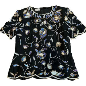 Vintage 80s Stenay Womens Blouse Top Size XL Black 100% Silk Beaded Floral Zip